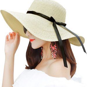 Sun Hat Summer Women Wide Brim Straw Beige